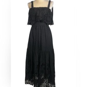 NWT Antonio Melanie Siri Eyelet Lace Size 6 Shoulder Tie Black Maxie Dress